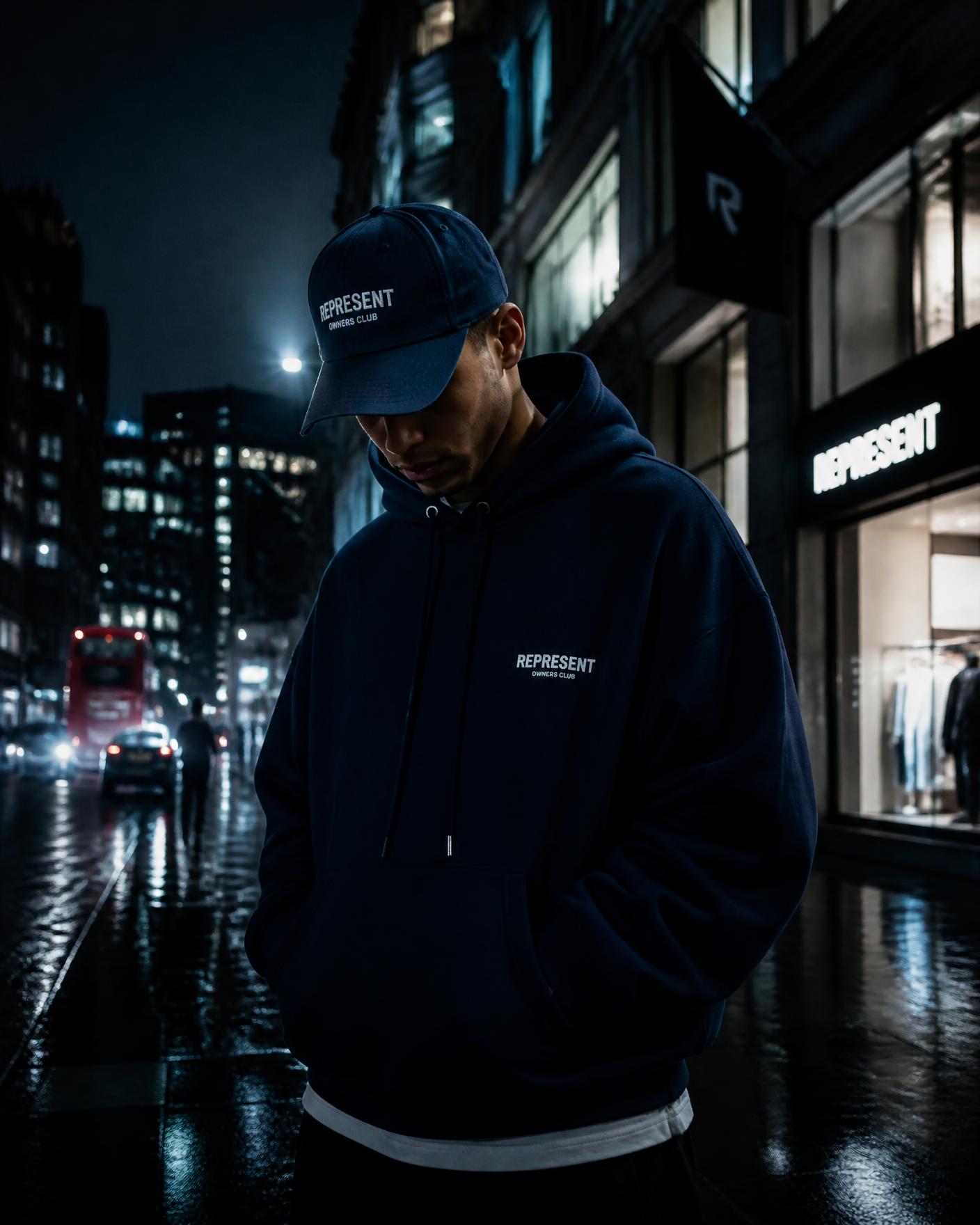 Campaign look — navy hoodie and cap shot after dark in the city
